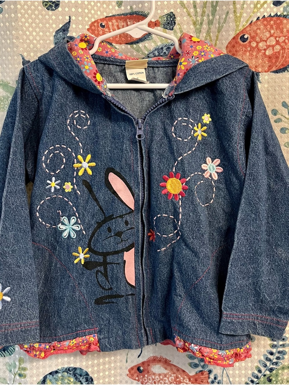 Girls Denim Hooded Jacket with Bunny & Floral Embroidery - Blue